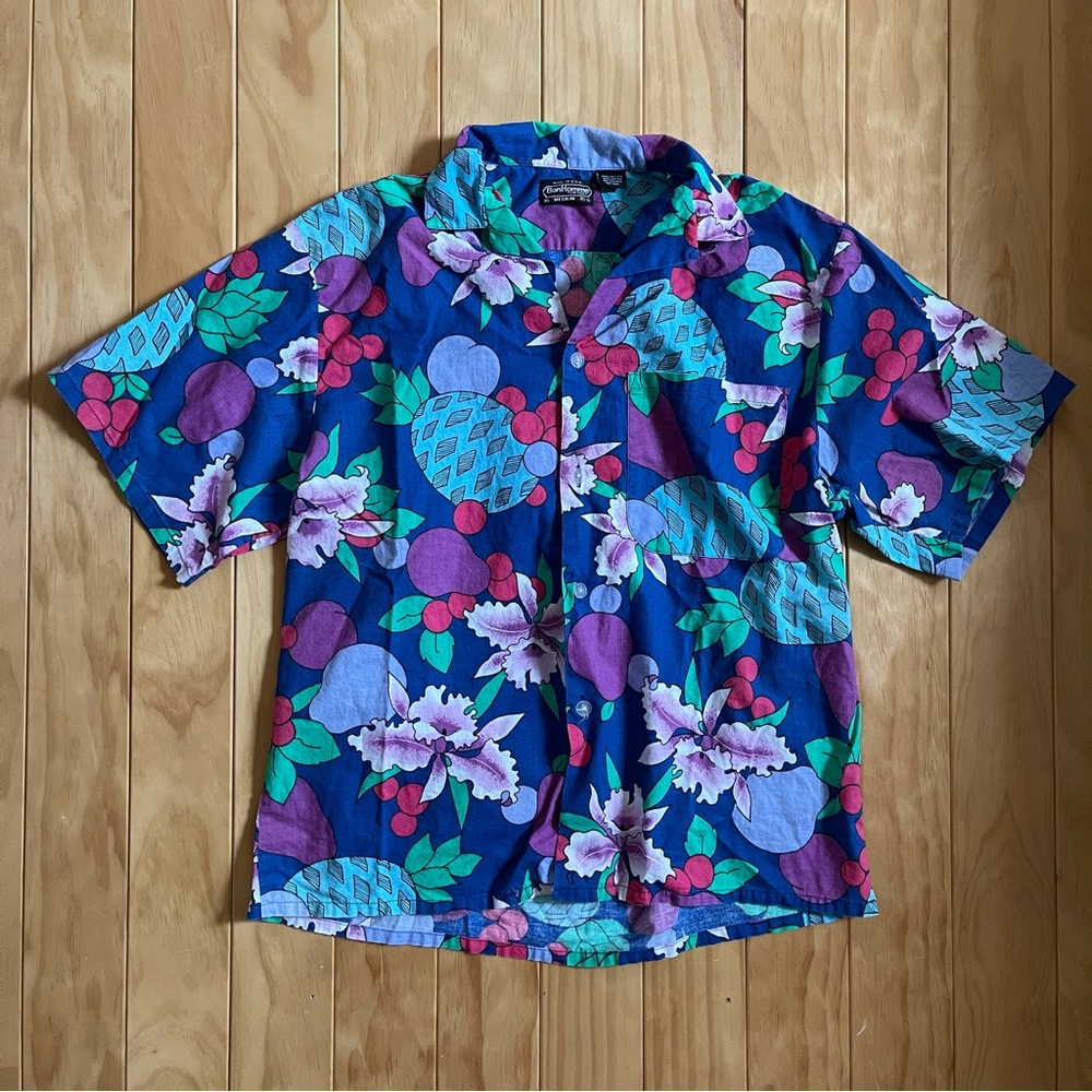 Hawaiian Shirt Mens M Bon Homme Floral Tropical 100% Cotton Made In USA Fruit